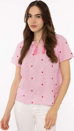 Zwillingsherz Kurzarmbluse ZWILLINGSHERZ Stripe & Stitch, Damen, Gr. L/XL, pink, Obermaterial: 100% Baumwolle, Blusen Kurzarmbluse, Kurzarm, mit Stickerei, Tunnelzu