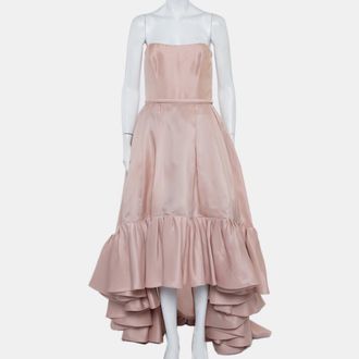 Reem Acra Pink Silk Ruffled Asymmetric Hem Strapless Gown