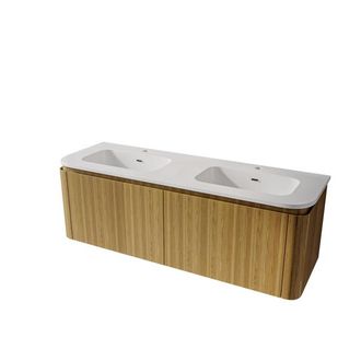 Royal Plaza Terra Badkamermeubelset - 140x47x46cm - keramische wastafel wit glans - 2 wasbakken - 2 kraangaten - 4 lades - sandwood (licht eiken)