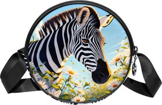 Generic Circle Crossbody Bag for Women, Zebra Flower Small Sling Bag Daypack with Zipper Adjustable Shoulder Straps Casual Ladies Girls Round Purse