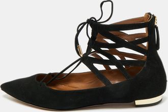 Aquazzura Black Suede Dancer Lace-Up Ballet Flats