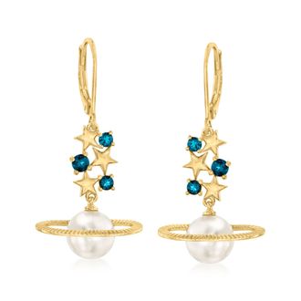 Ross-Simons 8.5-9mm Cultured Pearl and. London Blue Topaz Celestial Drop Earrings in 18kt Gold Over Sterling