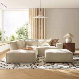 Castlery White Left Side Chaise Sectional with Ottoman | Jonathan by Castlery, Modern Living Room Furniture Set, White Color