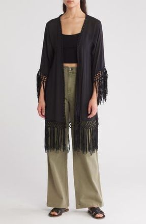 Forgotten Grace Long Fringe Knit Ruana in Black at Nordstrom Rack, Size X-Large