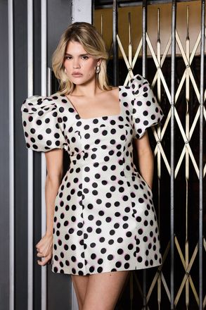 Warehouse Womens Polka Dot Puff Sleeve A-Line Mini Dress - Monochrome Multi - Size 10 UK