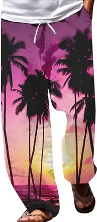 Generic Mens Print Wide Leg Yoga Beach Pants Drawstring Casual Trousers Hawaiian Trousers Lightweight Summer Pants Lace-Up Trousers Colourful Fashion Jogger O