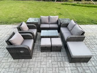Fimous 9 Seater Rattan Garden Furniture Set Patio Outdoor Lounge Sofa Set with Rectangular Coffee Table 3 Footstools Love Sofa 2 Side Tables