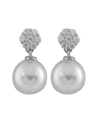 Splendid Pearls Rhodium Plated 10-11mm Pearl CZ Earrings