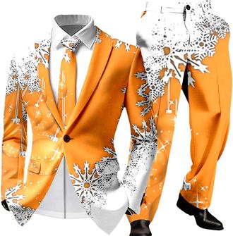 Generic Mens Suits Christmas Cute Cartoon Reindeer Snowflake Color Blovk Printed Coats and Trousers 2 Piece Sets Slim Fit Classic Xmas Holiday Jackets Novelty