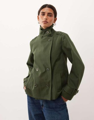 Threadbare Trench corto kaki con collo a imbuto-Verde