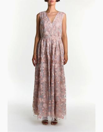True Decadence Womens V-Neck Sleeveless Maxi Gown - Nude Rose Embr - Size: 12
