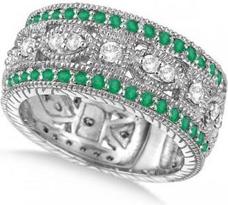 Allurez Vintage Style Byzantine Diamond & Emerald Ring 14k White Gold (1.37ct)