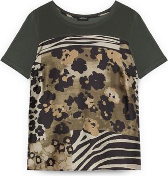 Fiorella Rubino T-shirt van twee materialen met print - Dames - T-shirts - Veelkleurig - M - Polyester - Tops