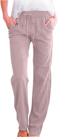 Generic Linen Trousers Womens Slim Leg Elasticated Waist Trousers Casual Drawstring Straight Leg Cotton Linen Summer Beach Pant with Pockets Palazzo Pant (Pin