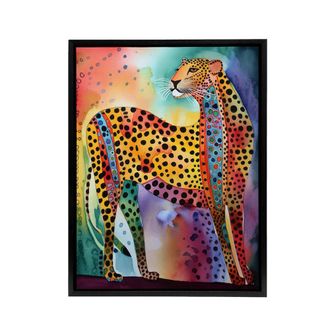Artery8 Colourful Cheetah Folk Art Watercolour Framed Canvas Wall Art Print | Size: W24 x H32