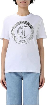 Just Cavalli Zilveren Logo Grafische Tee - Dames - T-shirts - Wit - S - Katoen - Tops