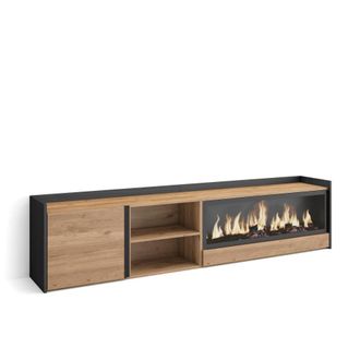 Skraut Home Mueble tv efecto madera roble negro 212x35x50cm chimenea efecto fuego