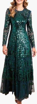 Needle & Thread Aurora Long Sleeve Round Neck Gown in Emerald at Nordstrom, Size 10