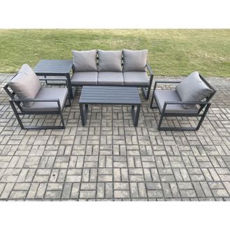 Fimous Fimous Aluminium Outdoor Garden Furniture Set Patio Lounge Sofa with Oblong Coffee Table 2 Armchairs Side Table Dark Grey