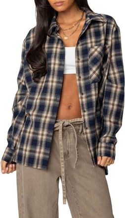 Edikted Plaid Flannel Button-Up Shirt in Navy at Nordstrom, Size X-Small