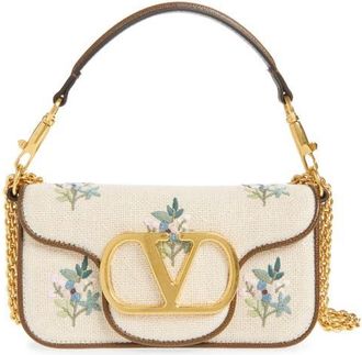 Valentino Garavani Small Loc&ograve; Embroidered Linen Shoulder Bag in Beige Multi at Nordstrom