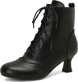 Generic Womens 5.5cm Kitten Heel Brogue Ankle Boots with Lace-Up,Vintage-Style,Black,1.5 UK