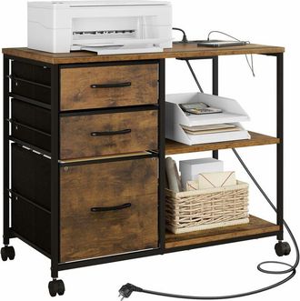 Woltu Cajonera De Oficina Con 3 Cajones Y 2 Estantes, Soporte Para Impresora Con Secci&oacute;n De Carga, Madera Vintage - Woltu