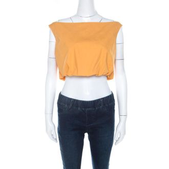 Ferragamo Orange Cotton Bateau Neck Back Tie Up Detail Crop Top
