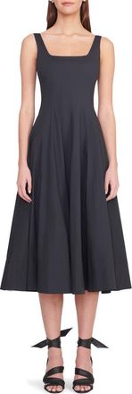 Staud Wells Stretch Cotton Poplin Midi Fit & Flare Dress in Black at Nordstrom, Size 10