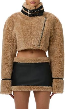 Naked Wardrobe Reversible Faux Shearling Crop Moto Jacket in Black/Tan at Nordstrom Rack, Size X-Small