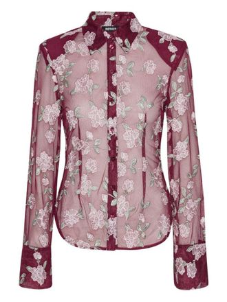 Rotate Semi-Transparent Burgundy Floral Embroidered Shirt