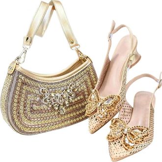 Generic Womens Italian Elegant Style Shoes and Bag Set Business Casual Wedding Offce Suit Gold