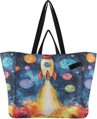 Generic Planet Stars Blue print Reusable Canvas Tote Bag, Heavy Duty Grocery Shopping Bag with Large Capacity Hard Bottom Double Handles Work Groceries Travel