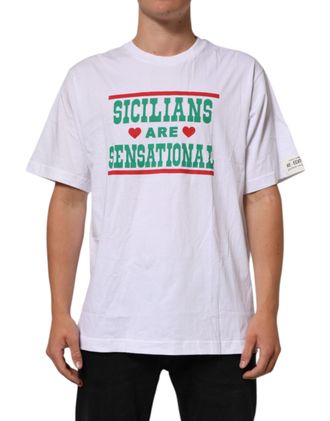 Dolce & Gabbana Mens White Graphic Print Cotton Crew Neck T-Shirt