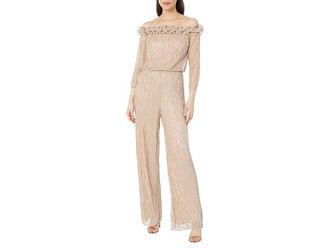 Adrianna Papell Metallic Rosette Jumpsuit Womens Jumpsuit & Rompers One Piece Champagne Gold : 2, Polyester