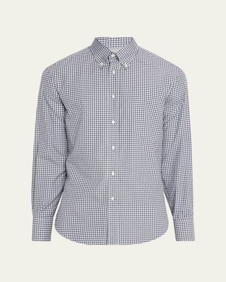 Brunello Cucinelli Mens Cotton Gingham Button-Collar Sport Shirt