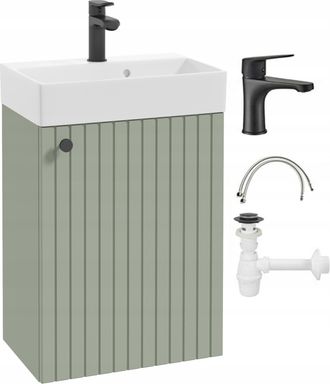 OEM Mueble De Ba&ntilde;o Suspendido Con Lavabo De Eucalipto, Grifo Y Tirador Negros, 50x70cm, Kiara