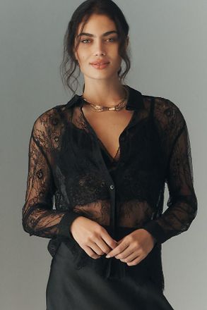 En Saison Darcy Long-Sleeve Sheer Lace Buttondown Top
