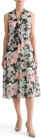 Kasper Floral Print Clip Dot Tie Neck Sleeveless Midi Dress in Black Multi at Nordstrom, Size 10