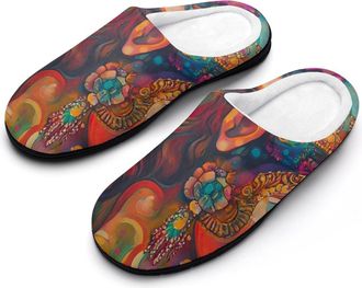 Generic African American Couple Painting Mens House Slippers Memory Foam Washable Cotton Slip on Home Shoes