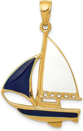 Diamond2Deal 14k Yellow Gold 2-D Blue White Enameled Sailboat Pendant