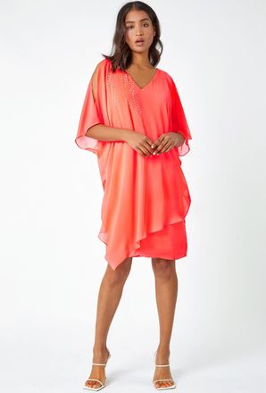 Roman Embellished Cold Shoulder Overlay Dress