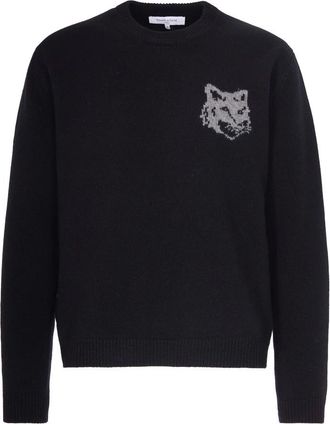 Maison Kitsuné Truien & Vesten, Heren, Zwart, S, Wol, Maglia girocollo con ricamo fox grande