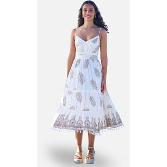 Yumi Foil Print Lace Trim Midi Sun Dress in Ivory at Nordstrom, Size 10