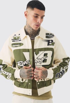 Boohooman Mens Tall Boxy Twill Homme Moto Jacket - Green - Size X-Large