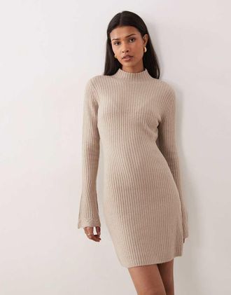 Abercrombie & Fitch Vestito maglia midi color crema con collo a lupetto-Bianco