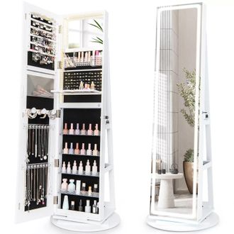 Costway Costway 360 Swivel Jewelry Cabinet Lockable Jewelry Makeup Armoire w/ LED Lights in White