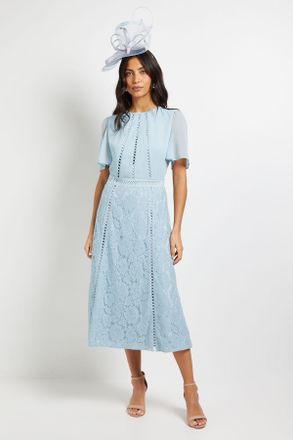 Wallis Womens Chiffon Lace Insert Midi Dress - Blue Polyamide - Size 10 UK