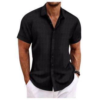 Generic Mens Casual Shirt Solid Color Striped Jacquard Shirts Button Down Short-Sleeved Loose Tops Black