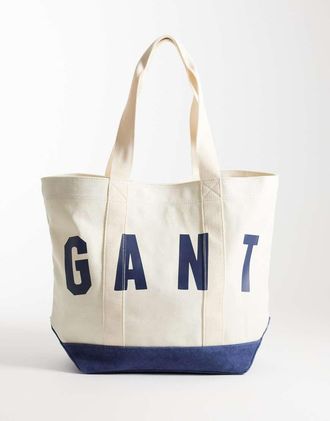 GANT Borsa shopper color crema con logo stile college-Bianco